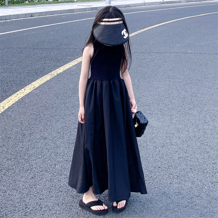韩版童装女童夏季赫本风小黑裙2025新款中大童女孩洋气背心连衣裙