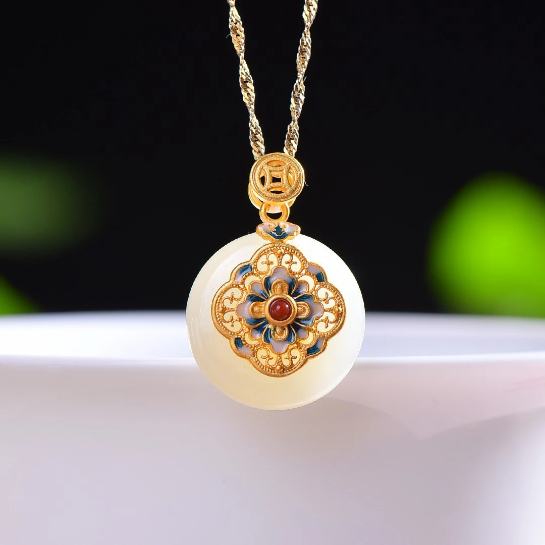 S925银镶嵌天然和田玉平安扣吊坠0192不含链