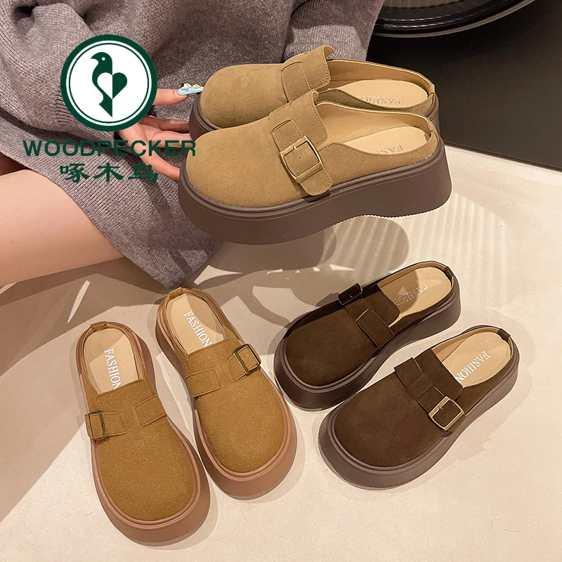 啄木鸟2025新款松糕厚底勃肯鞋包头半拖鞋女外穿一脚蹬懒人博肯鞋