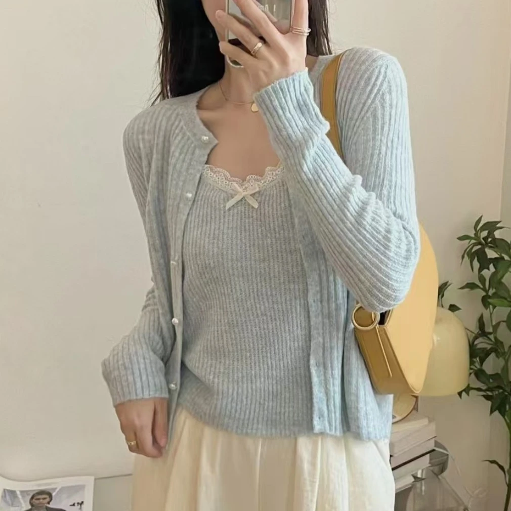 气质甜美蝴蝶结针织开衫女修身显瘦吊带背心两件套619