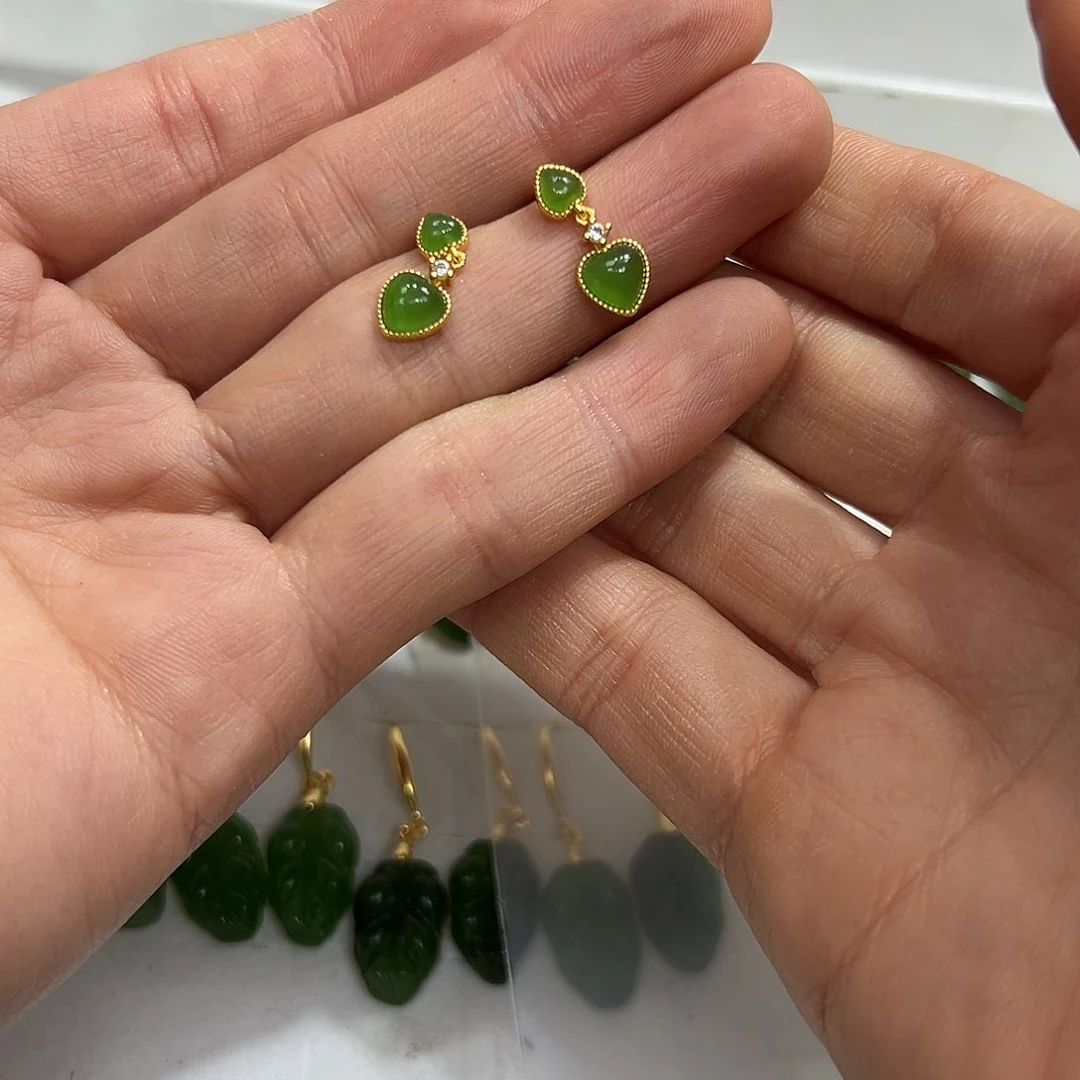 和田玉耳饰颜色多样性发货拍一发一银S925镶嵌米***姐