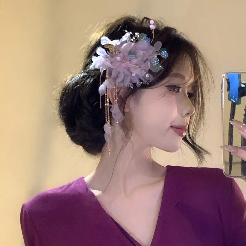氛围感网红爆款紫色花朵发夹汉服古风配饰发饰
