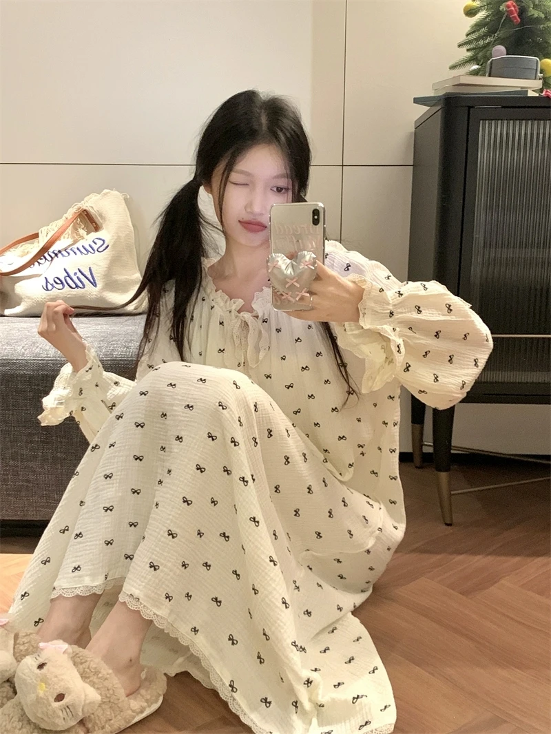 春季公主风ins长袖皱褶甜美风甜美网红睡裙长款薄款韩版秋季