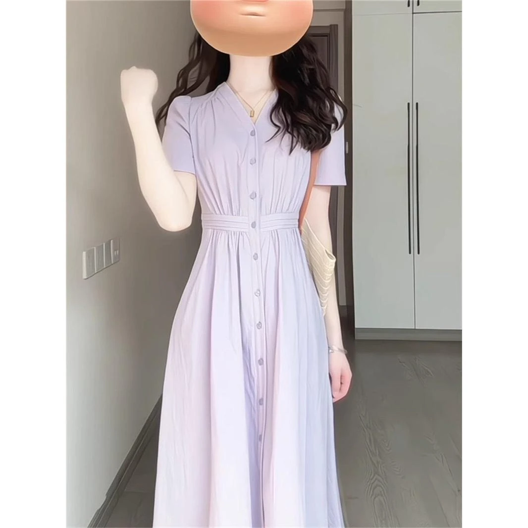 紫色连衣裙女春夏季穿搭2025新款法式衬衫独特漂亮小个子气质长裙