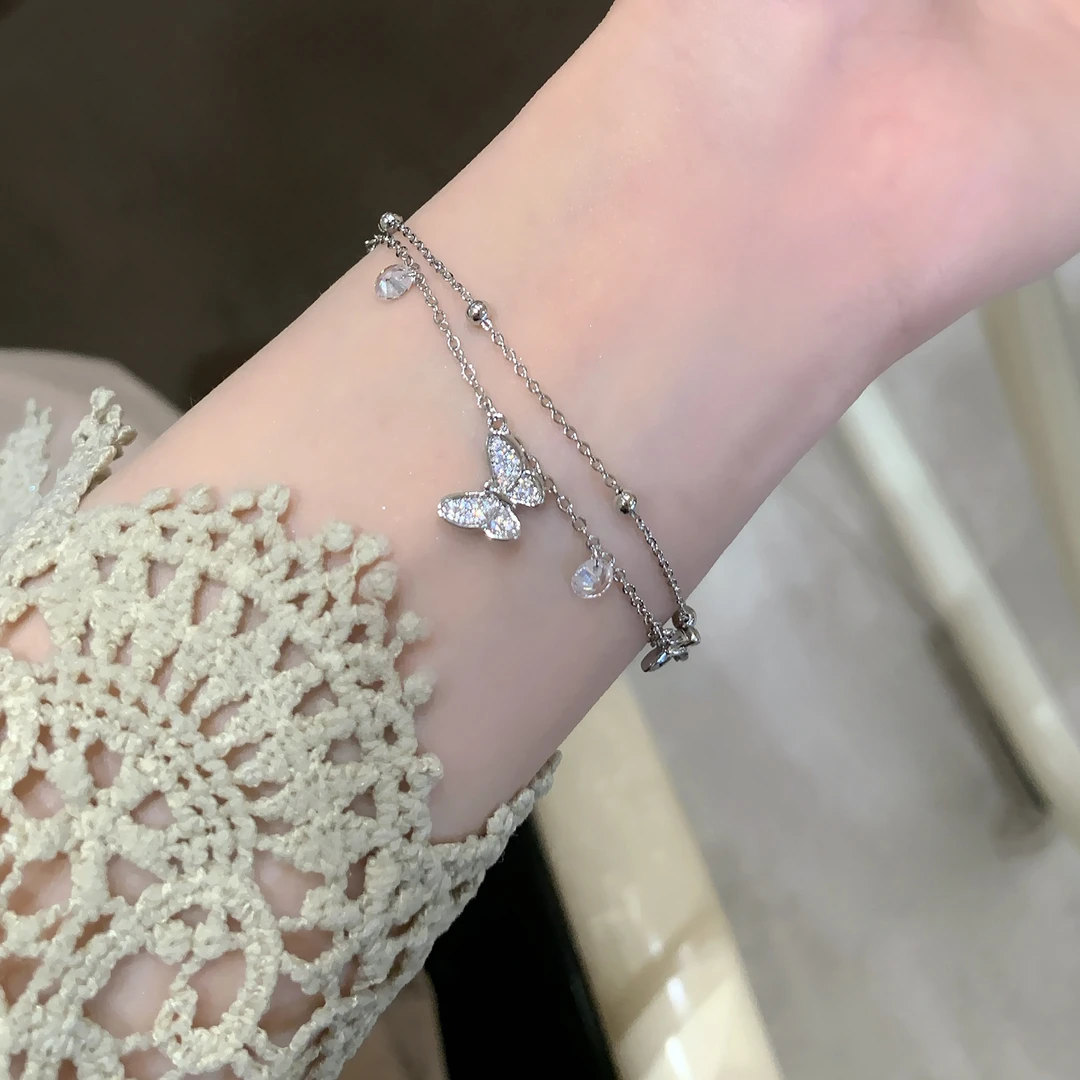 铜合金合成锆石手链 精致蝴蝶流苏双层叠戴手链显贵气质百搭手饰