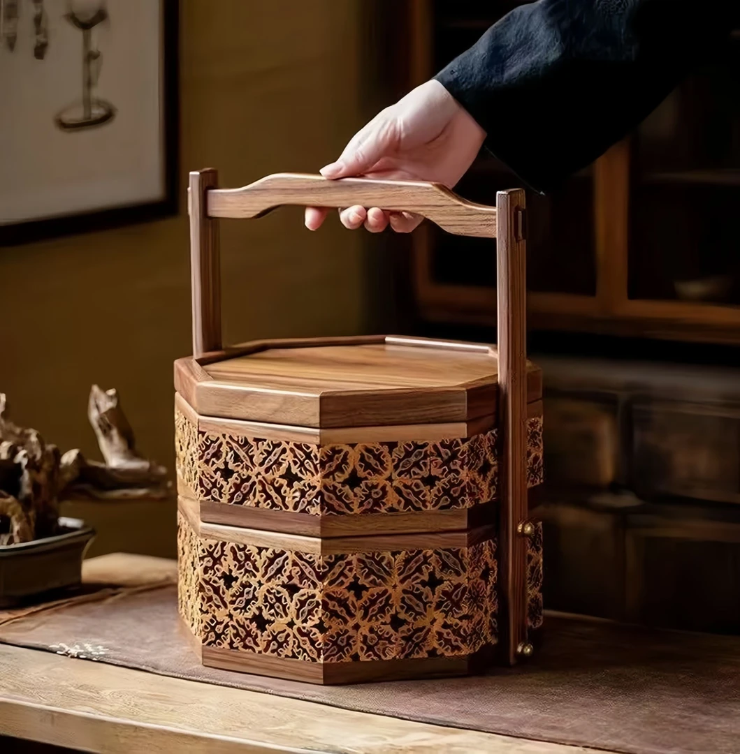 家用中式创意提篮食盒茶室带盖茶具收纳篮手工复古风镂空茶具收纳