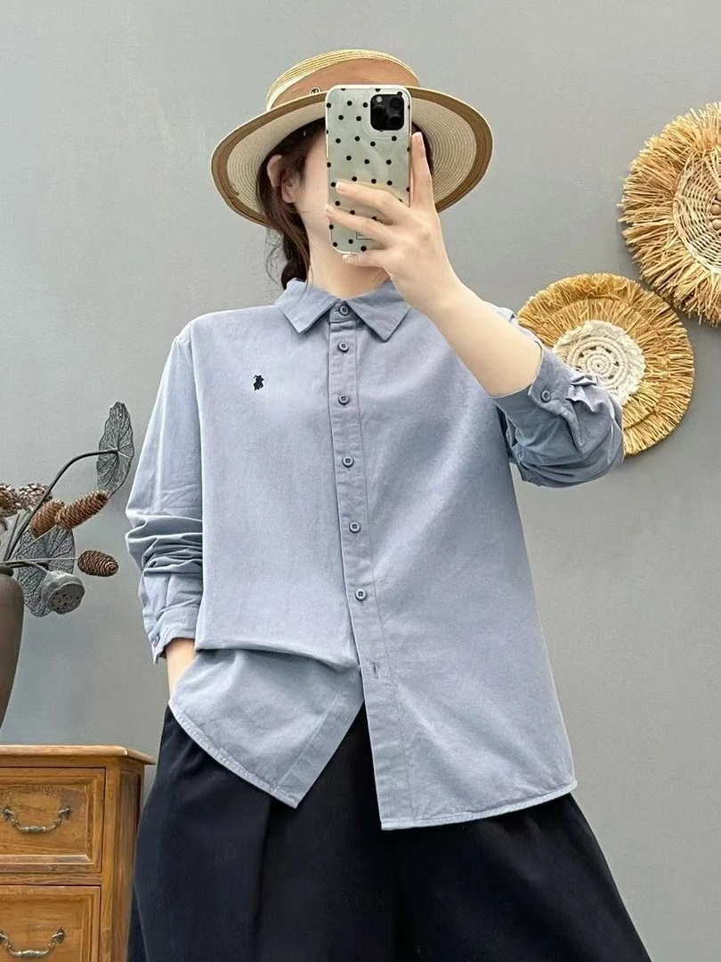 纯棉磨毛春秋刺绣长袖上衣女士宽松显瘦通勤衬衫纯色百搭衬衣