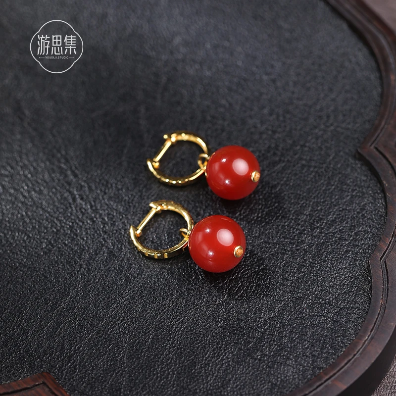 【游吟耳扣】天然红玛瑙耳环新年显气色高级大气圆珠