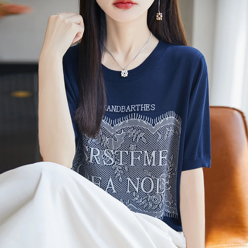 夏季大码设计感上衣女士宽松圆领针织衫显瘦百搭薄款洋气短袖T恤