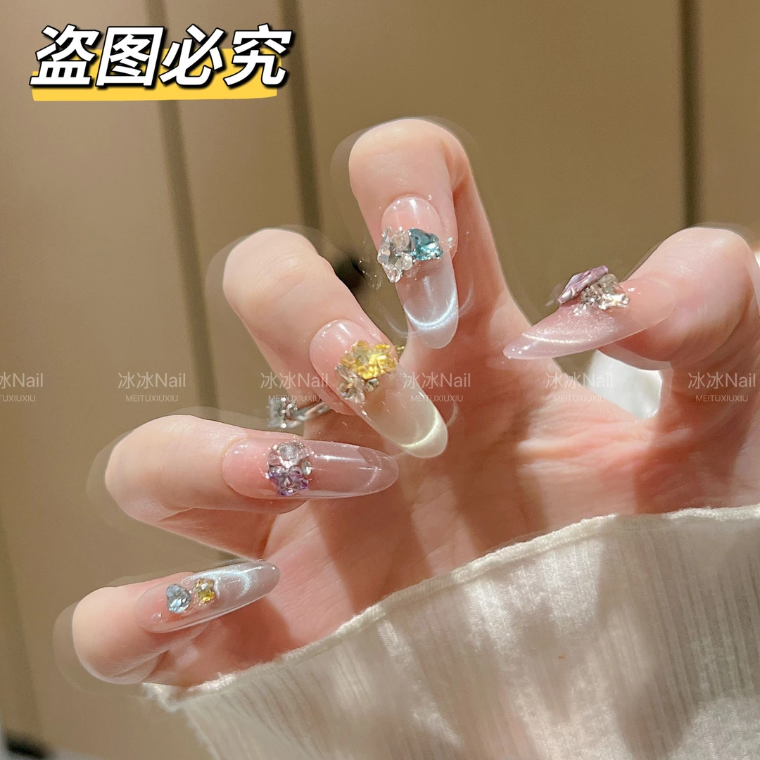 【糖果汽水】糖果钻初夏新款纯手工穿戴甲多巴胺猫眼显白美甲10片