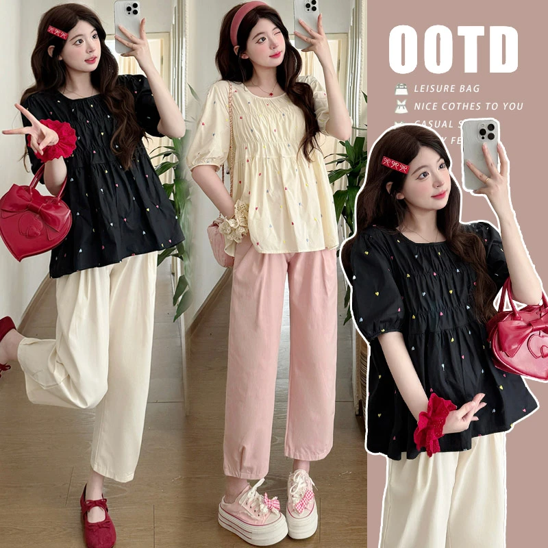 孕妇装韩版显瘦时髦洋气夏季心娃娃衫+休闲工装裤孕妈孕期穿搭