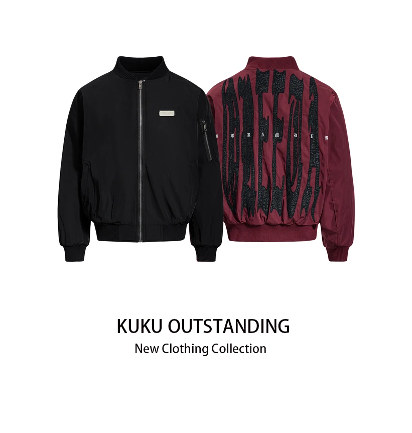 KUKU  美式立体浮雕字母印花棒球服外套秋冬正肩短款夹棉夹克上衣