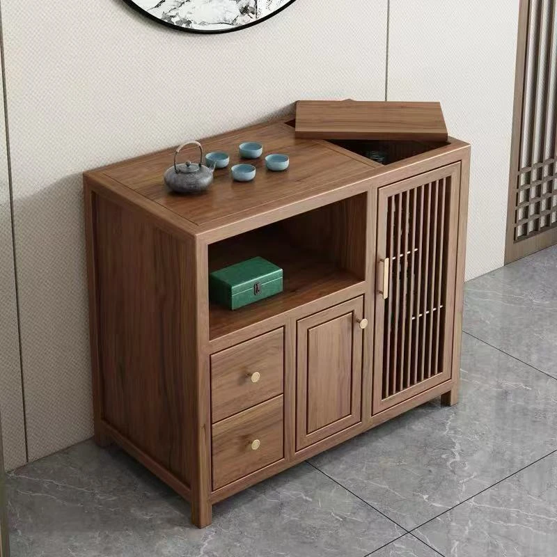 北方老榆木大款多层茶水柜餐边柜置物柜实木北美胡桃色整装发货