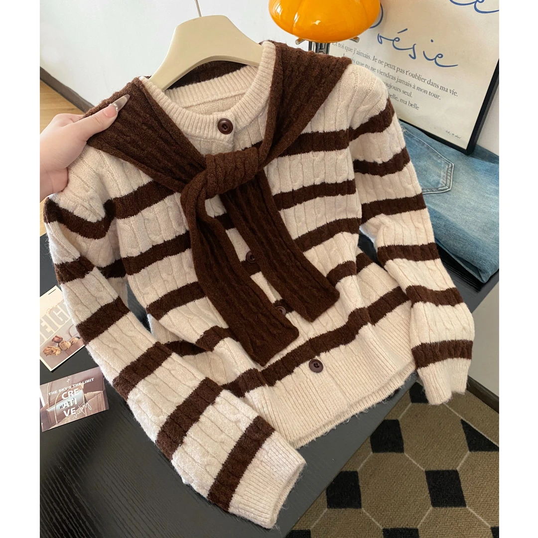 自留款推荐~慵懒风条纹长袖针织开衫女秋冬款洋气百搭披肩两件套