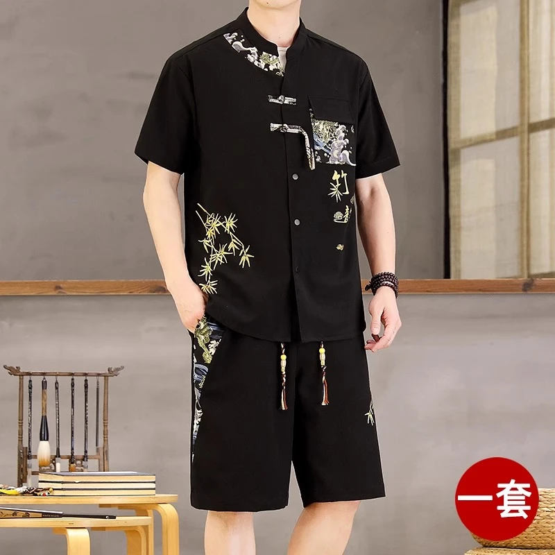 法国Cebrodz冰丝短袖衬衫套装男夏季2025新款潮唐装汉服中国风男