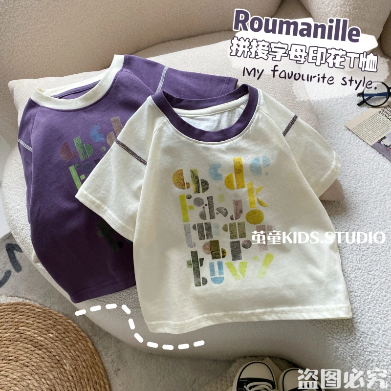 【麦麦妈】X039夏季小童拼接字母印花短袖T恤新品男女宝宝上衣百搭