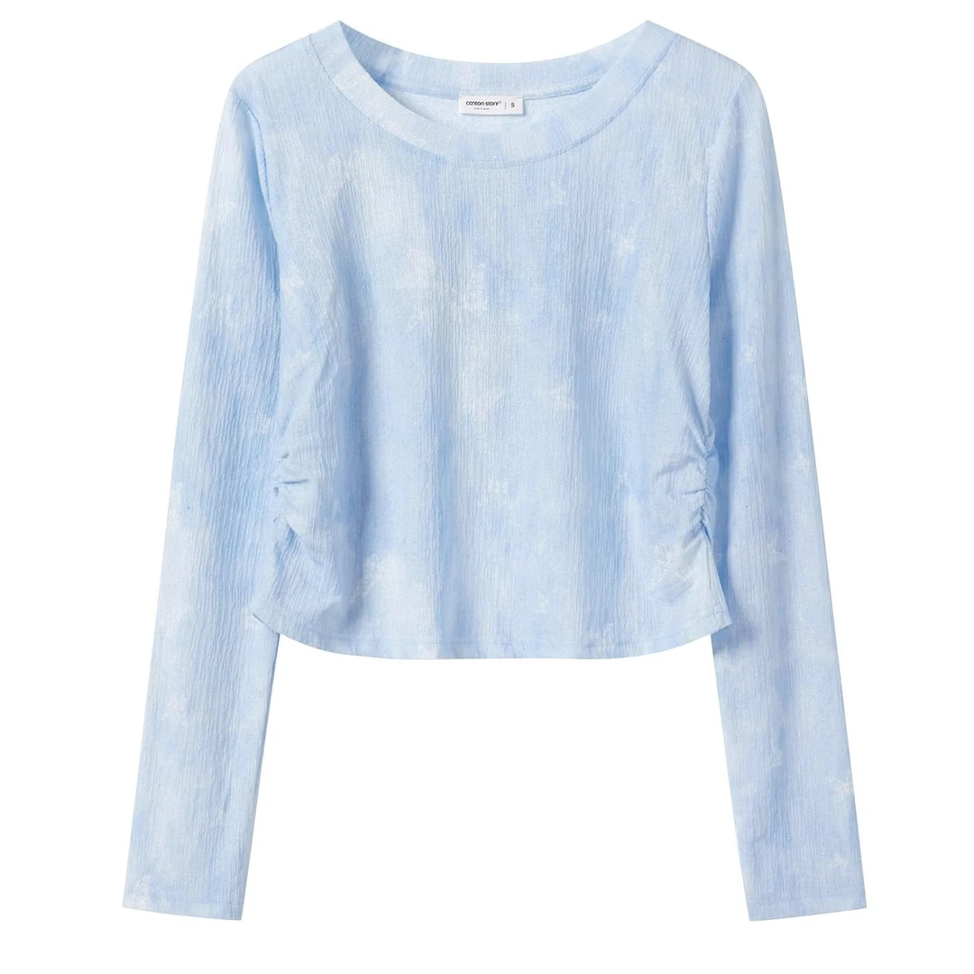 羊城故事-晕染正肩长袖t恤女夏季新款修身百搭圆领上衣Y50449664