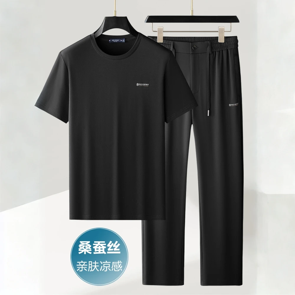 高端夏季薄款圆领短袖运动套装男士直筒宽松桑蚕丝休闲时尚两件套