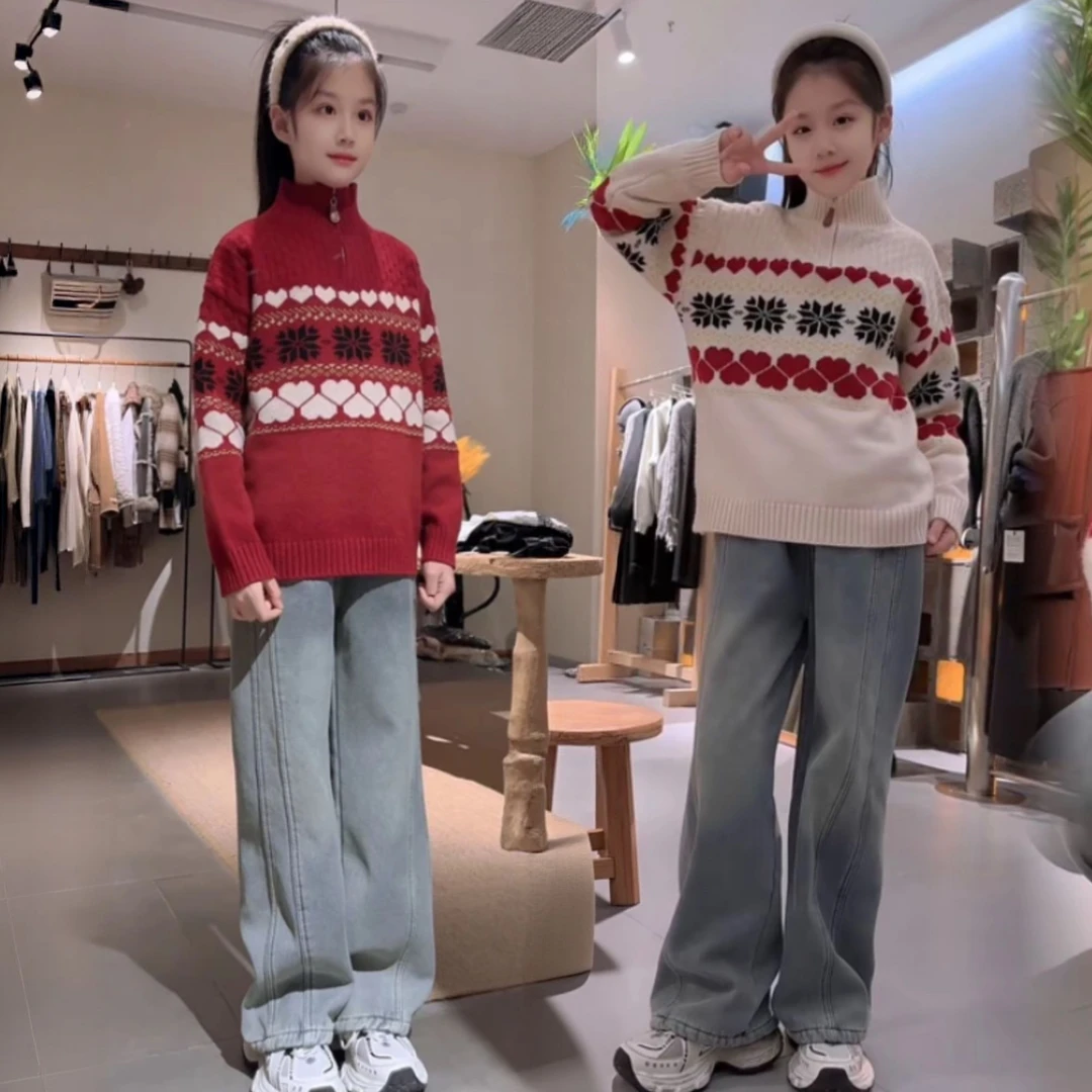 女童半拉链毛衣新款加厚洋气保暖韩版冬季针织衫加绒牛仔裤两件套