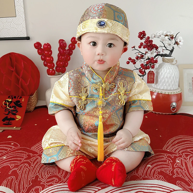新中式宝宝周岁服儿童夏季抓周礼服男宝百天生日一岁冠衣唐装套装