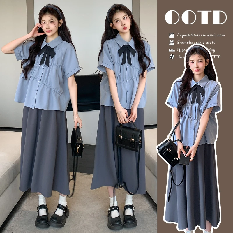 气质甜美孕妇装夏装套装2025新款宽松孕妇短袖衬衫时尚显瘦半身裙