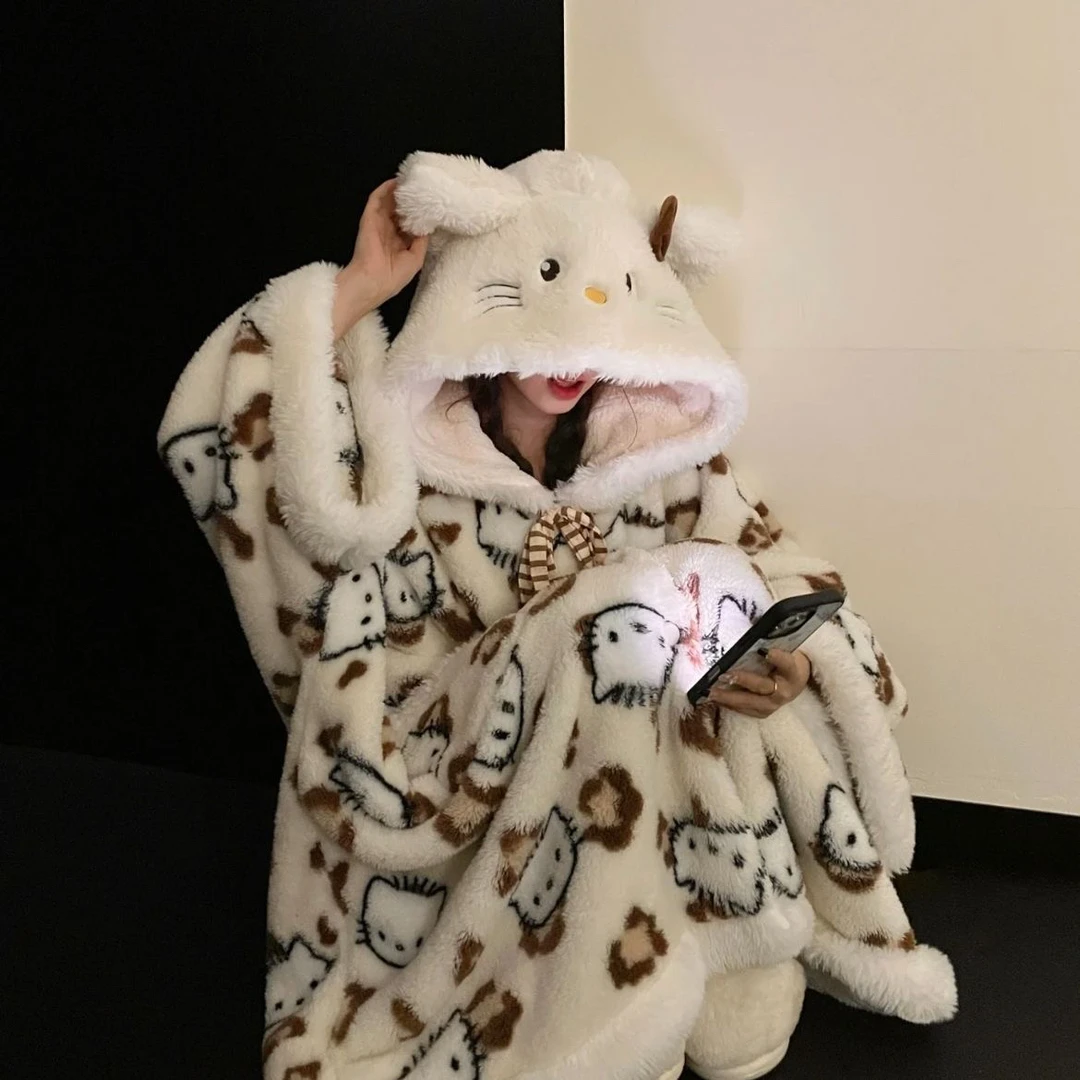 高于市场任何品质 冬季加厚加绒珊瑚绒卡通连帽豹纹Kitty睡袍