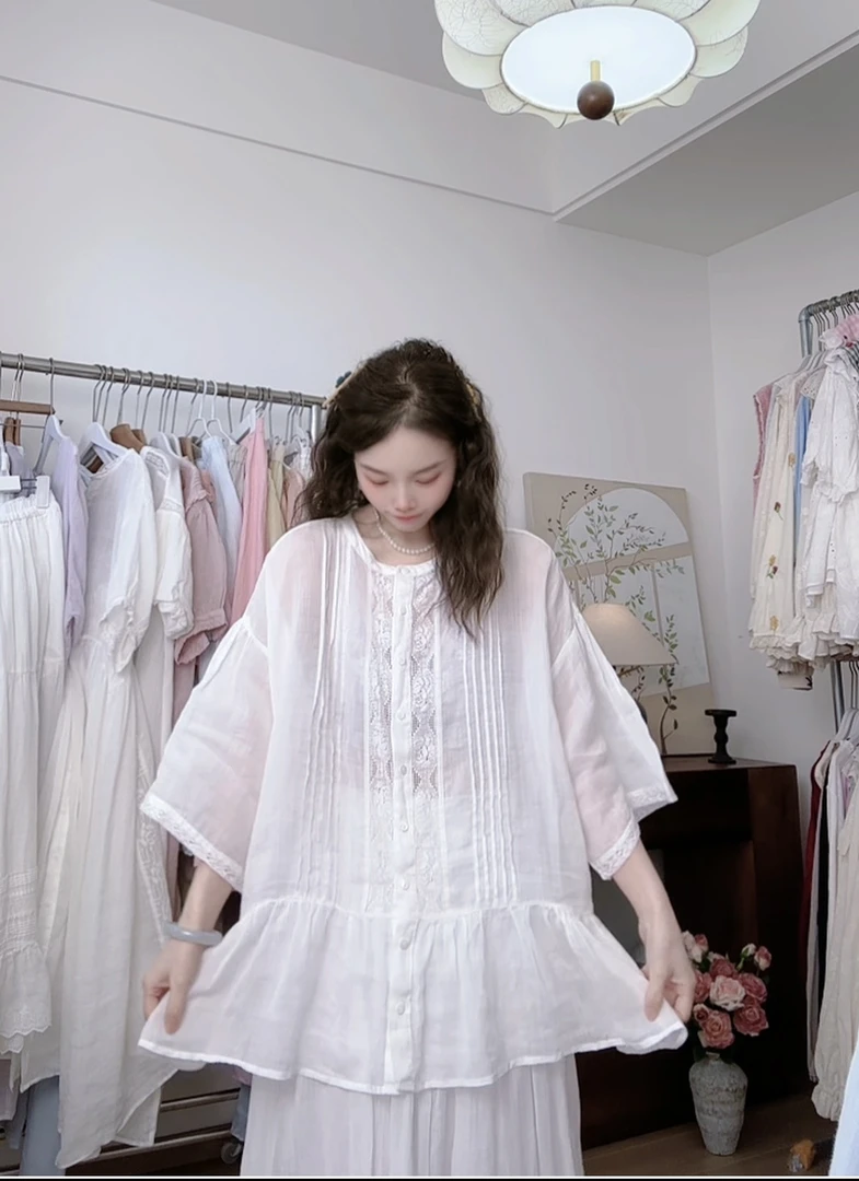 可衣-【记忆停留】日单高货夏新款风琴褶圆领苎麻七分袖衬衫女薄款