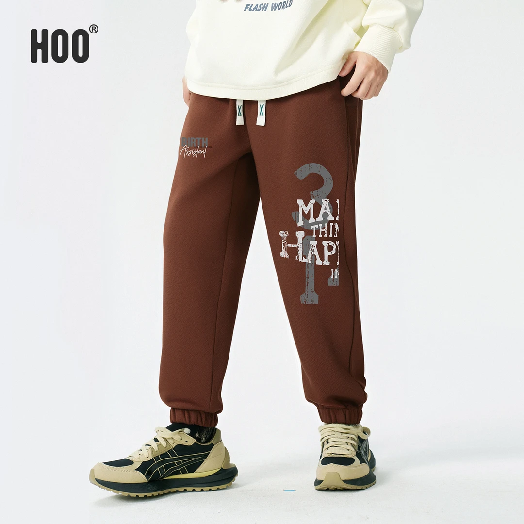 HOO童装运动裤青少年针织长裤胖童休闲裤百搭裤子黑色秋季1735