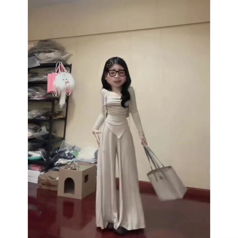 慵懒休闲套装女春秋新款不规则吊带开衫高腰拖地裤显瘦气质三件套