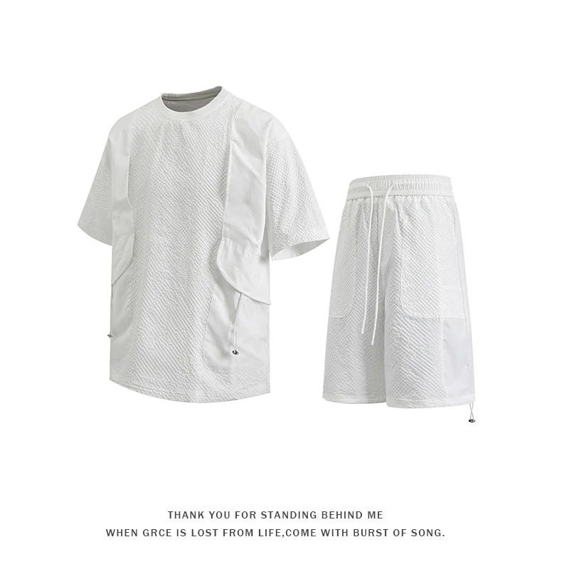 2025新款夏季泡泡格圆领休闲短袖套装宽松速干两件套透气舒适男士