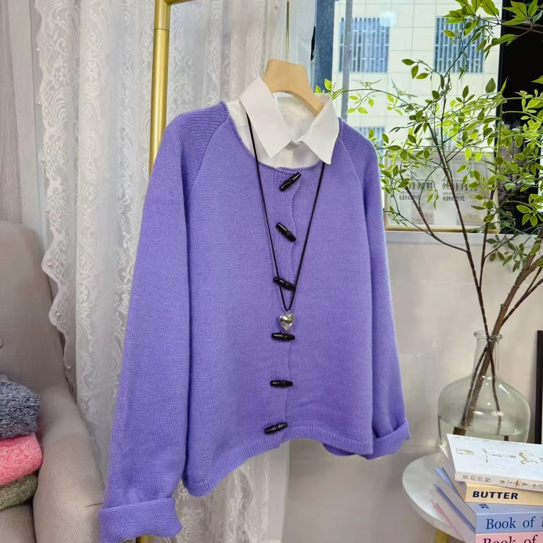 韩系复古牛角扣独特别致针织开衫女秋季新款洋气时尚宽松毛衣外套