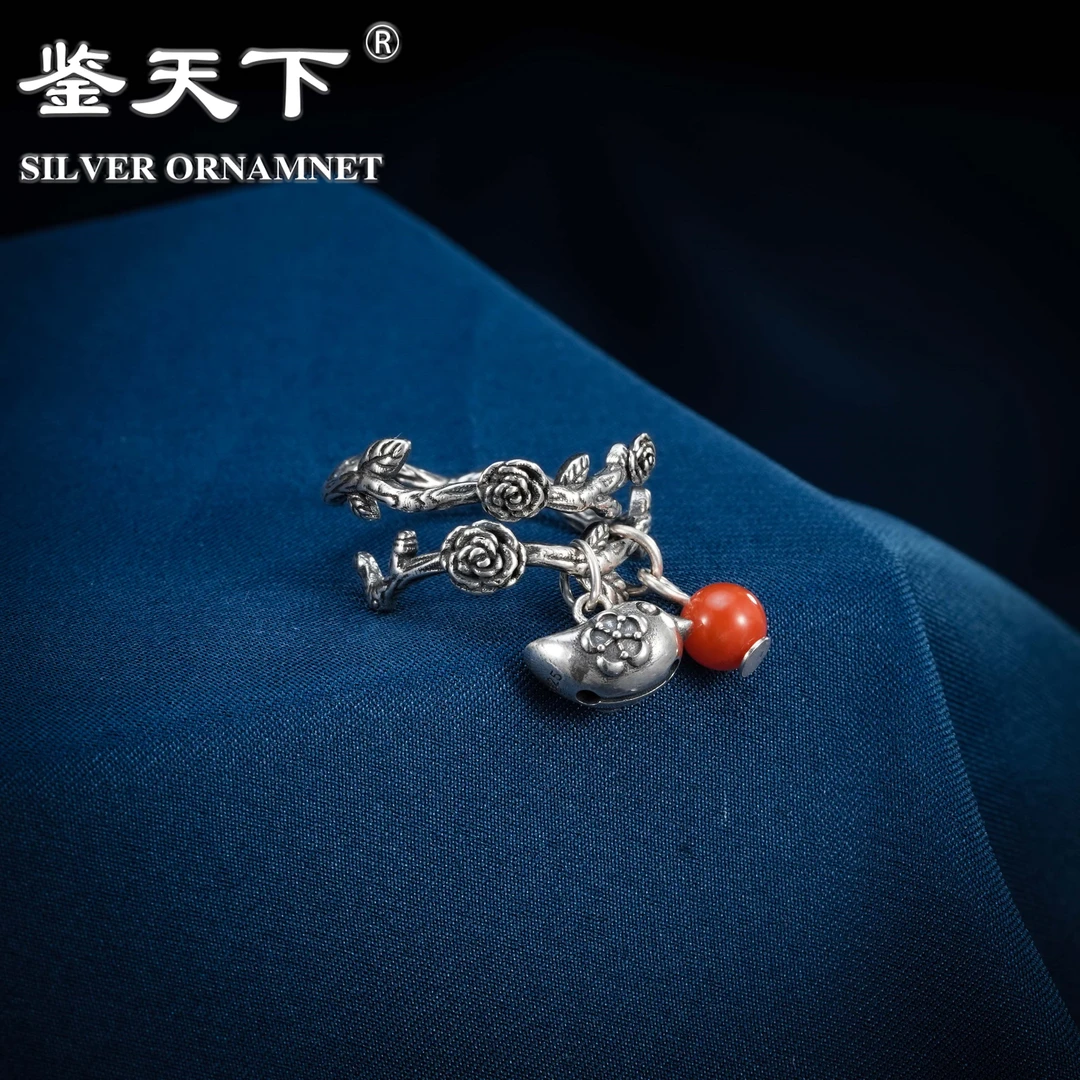 925银戒指  [鉴天下]复古玫瑰藤蔓小鸟铃铛开口戒指08200256个性