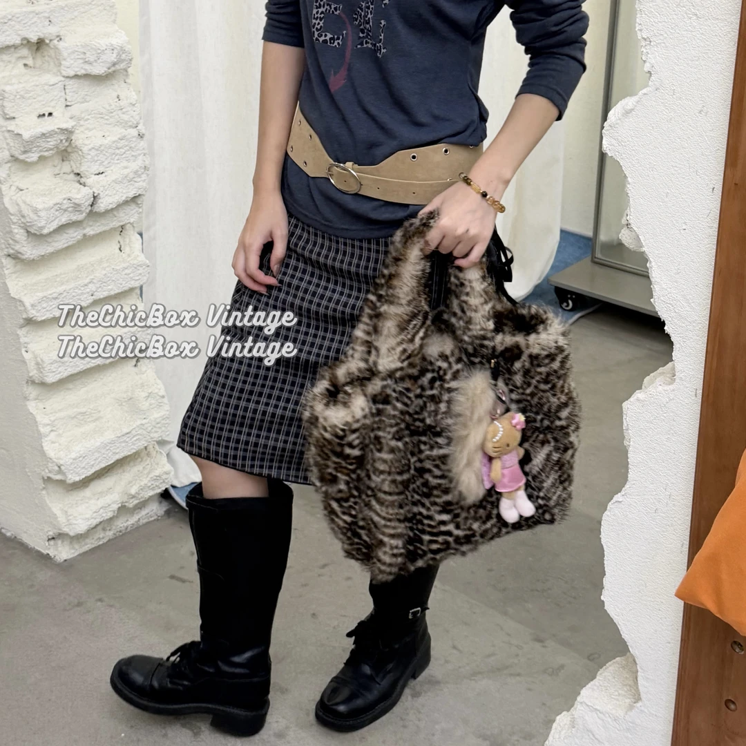 95新 MIU MIU/缪缪 只盒/MiuMiu Vintage皮草豹纹小号托特子母包