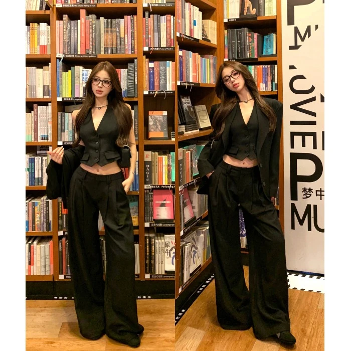 高级感时尚套装气质黑色西装外套马甲背心女秋季阔腿休闲裤三件套