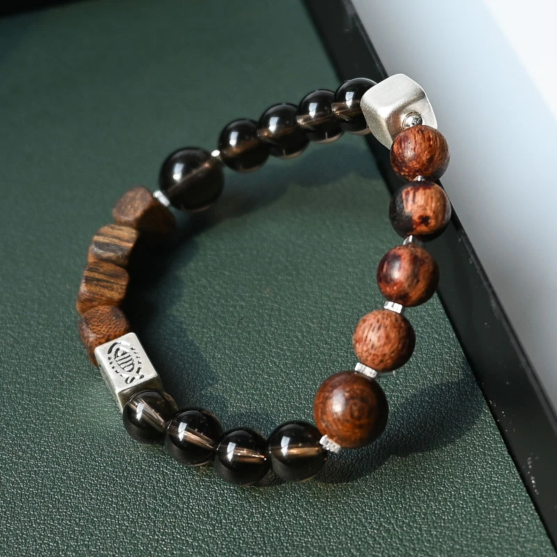 【花漾】黑茶晶+奇楠沉香+降真香+泰银配件 天然水晶手串手链