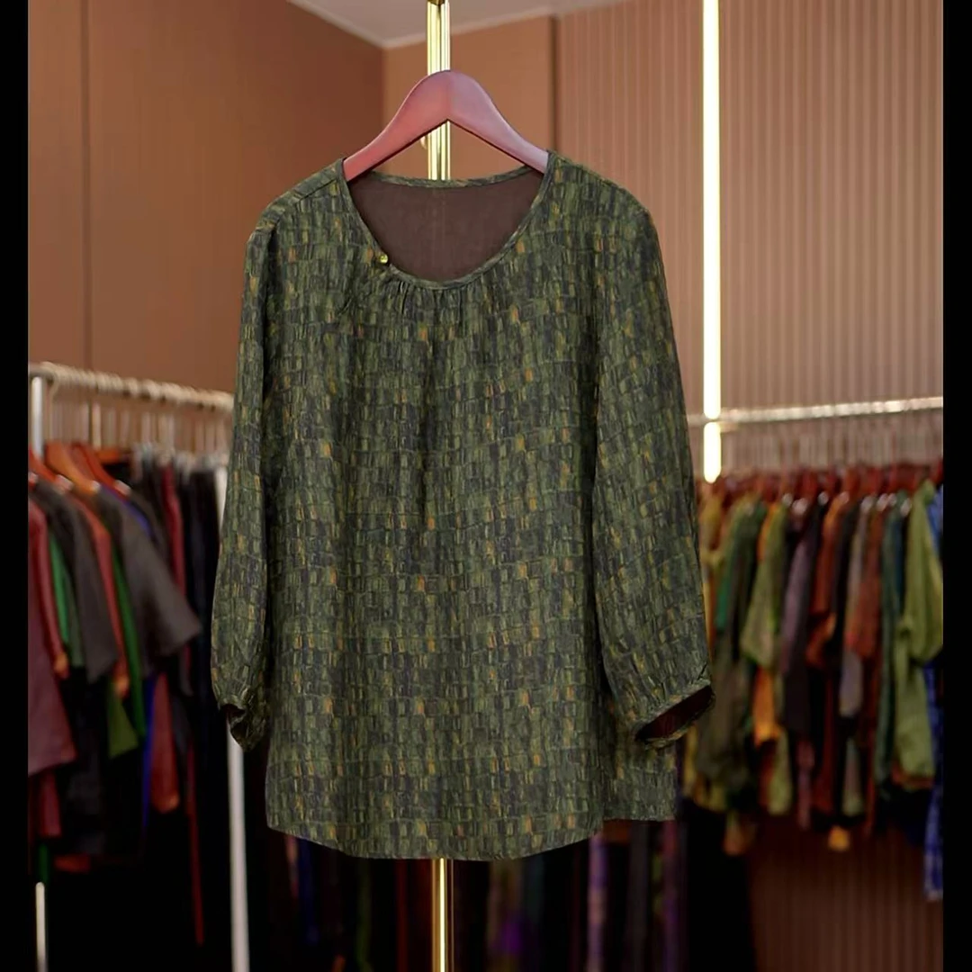 如兰-新中式国风绿格上衣0292