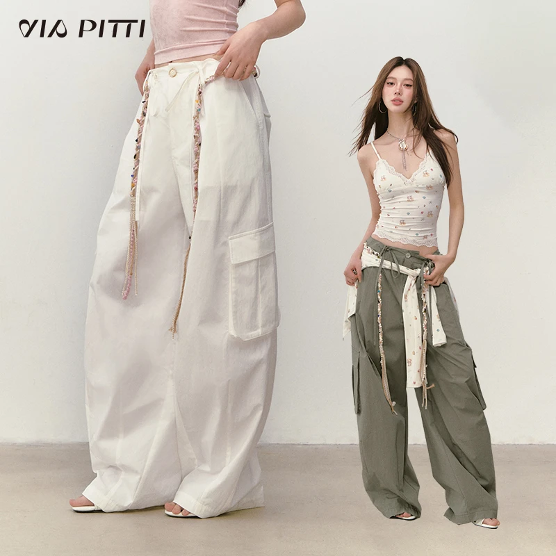 ViaPitti【官方专属】重工大阔腿工装大口袋串珠休闲裤VIABP319