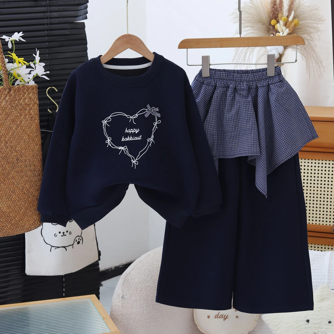 【商超品质】女童格雷系套装秋款2025心形蝴蝶小格子