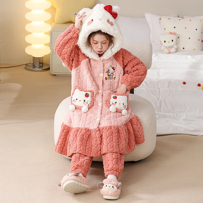 女童睡袍秋冬季女孩珊瑚绒儿童睡衣法兰绒冬季睡裙浴袍家居服套装