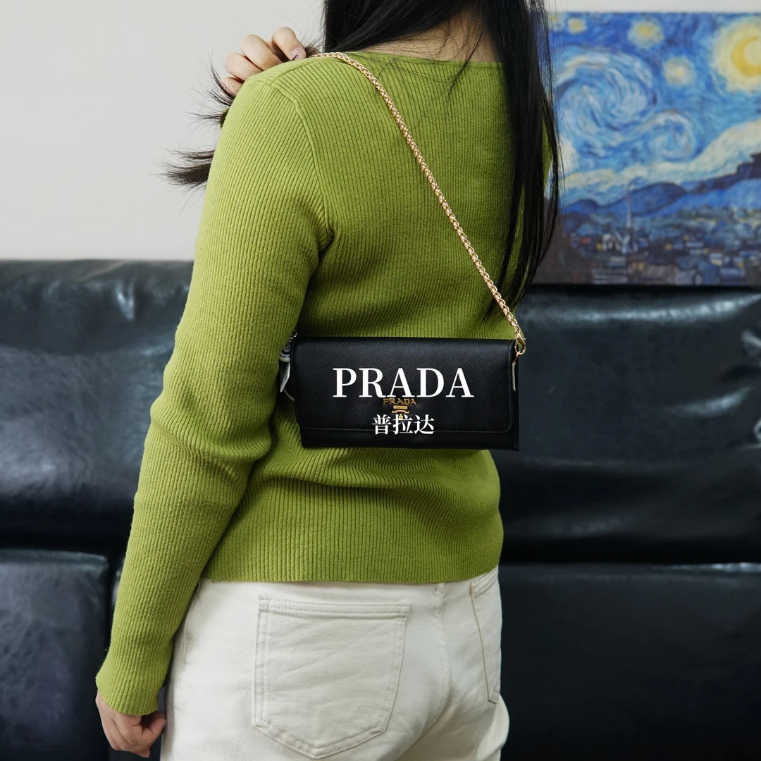95新 Prada/普拉达 普拉达 黑色链条钱包/FYWJ12309043/9043优
