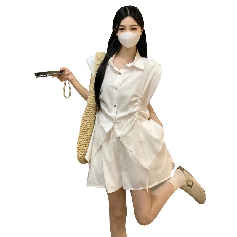 夏季简约休闲百搭显瘦之星气质两件套抽绳设计大码女短裤套装