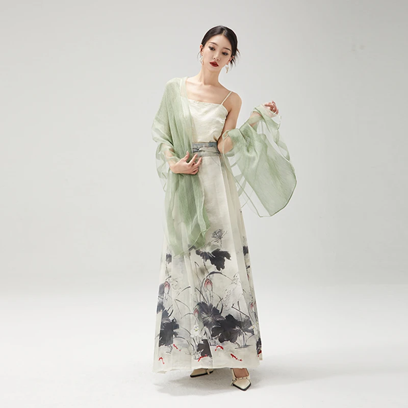 随时anytime 墨韵新中式刺绣马面裙女2025夏新款水墨晕染国风披肩