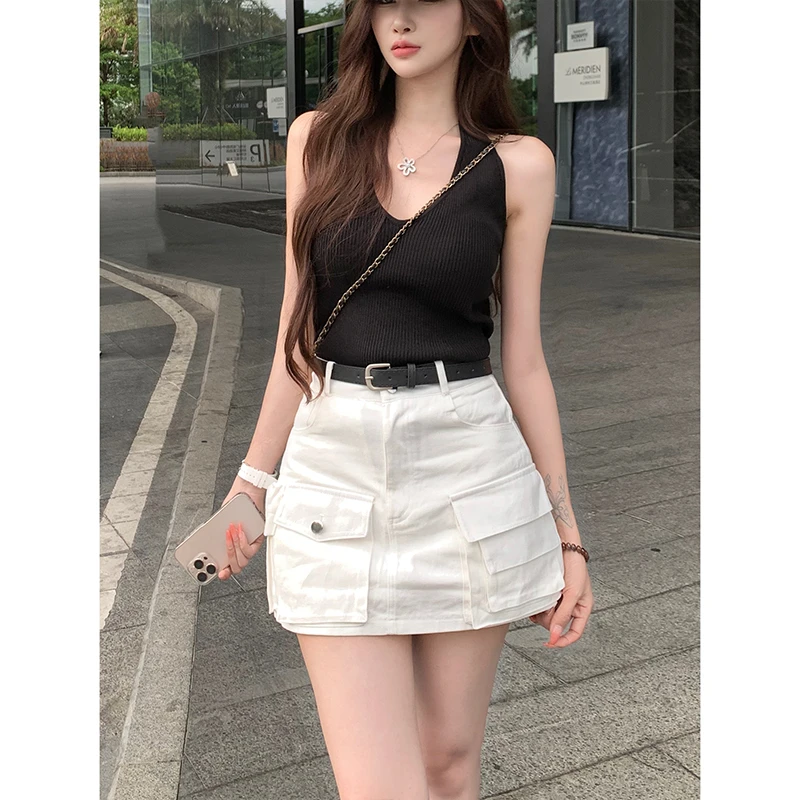 白色工装多口袋牛仔裙女2025秋季新款高腰修身显瘦休闲气质半身裙