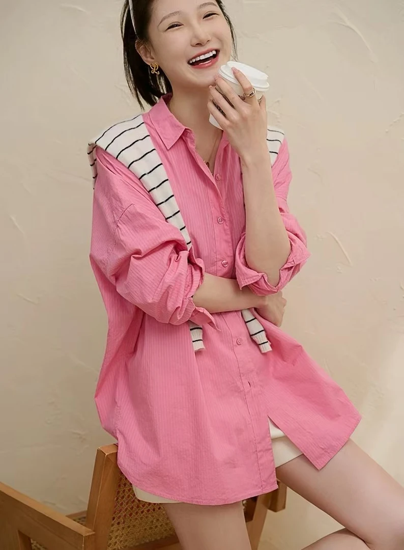 大码孕妇装韩版宽松中长款职业哺乳上衣春秋季条纹披肩棉衬衫8299