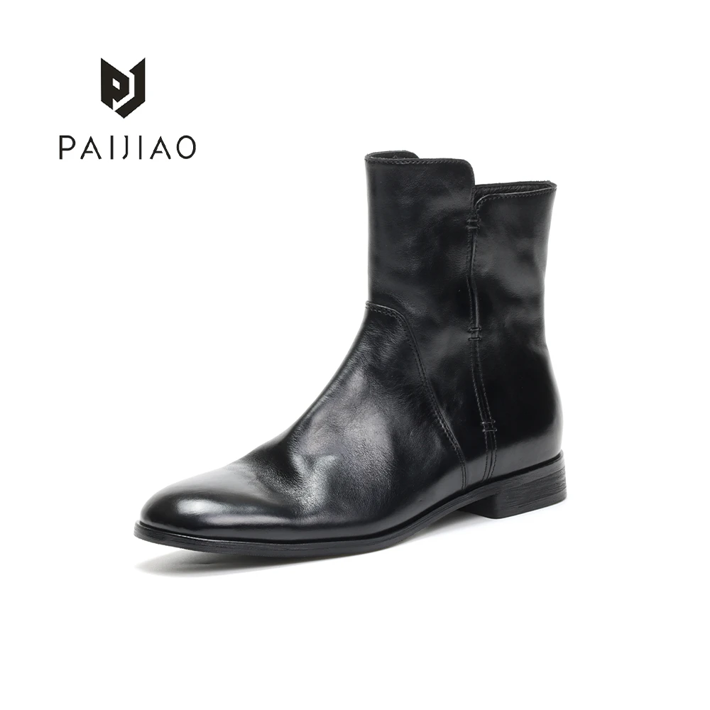 PaiJiao/排角方头加绒短靴女马皮侧拉链低跟切尔西女靴ZH711-1