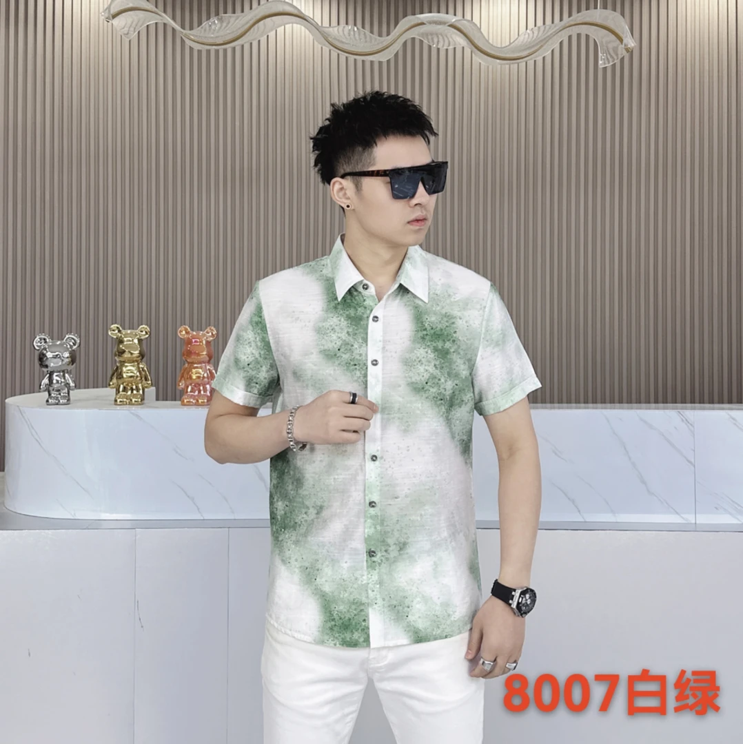 米高鲨鱼夏季棉麻衬衫短袖透气时尚高品质韩版宽松男上衣