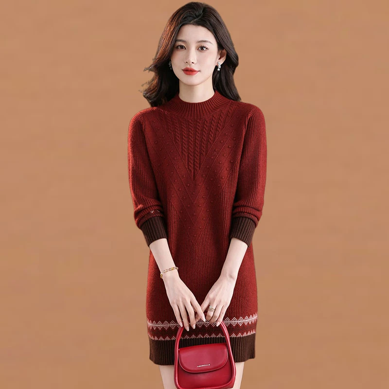 气质提花针织连衣裙女内搭秋冬季2025新款洋气中长款打底毛衣裙