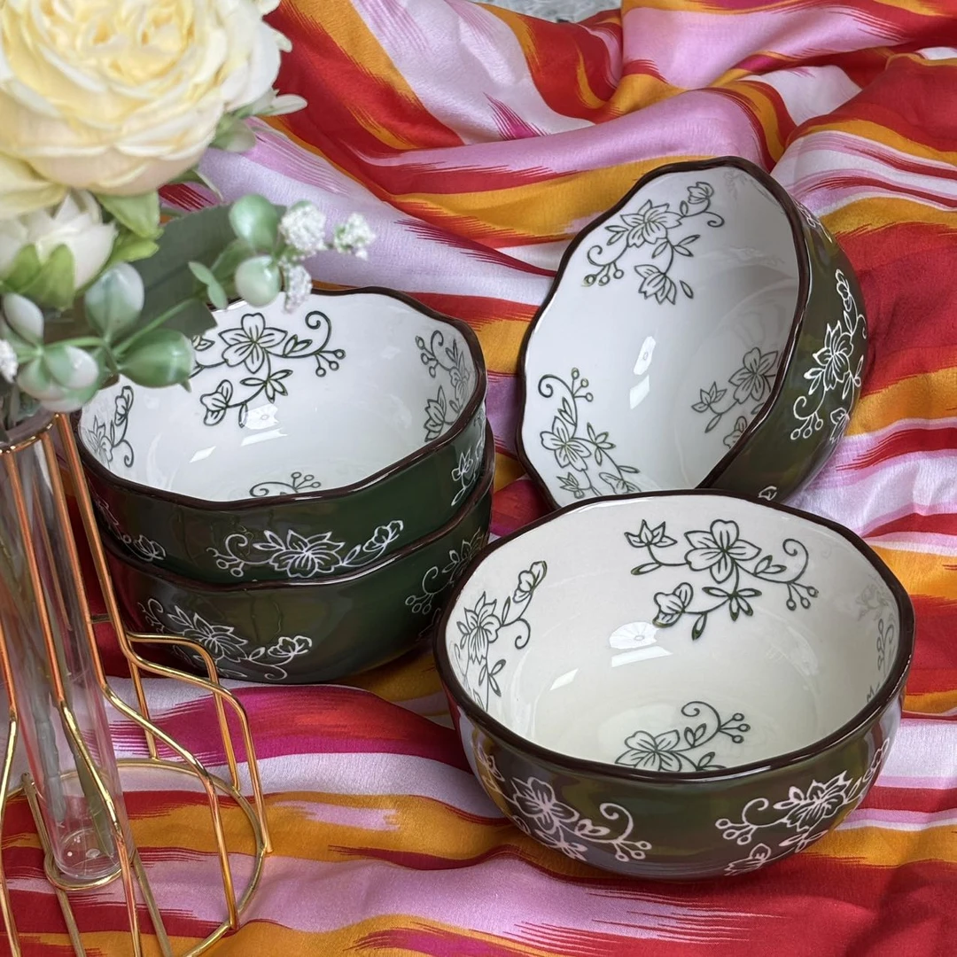 新疆包邮【琉璃绿】新式田园风手绘耐磨耐烫耐高温米饭碗