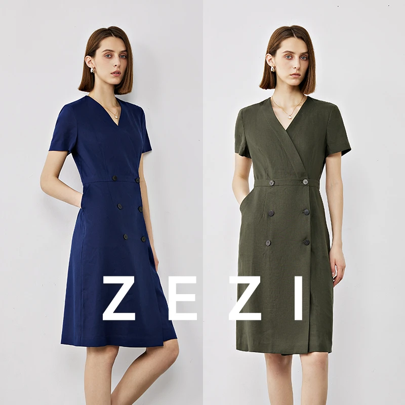 ZEZI【博肯裙】亚麻双排扣连衣裙_V领短袖连衣裙显瘦时尚气质长裙新