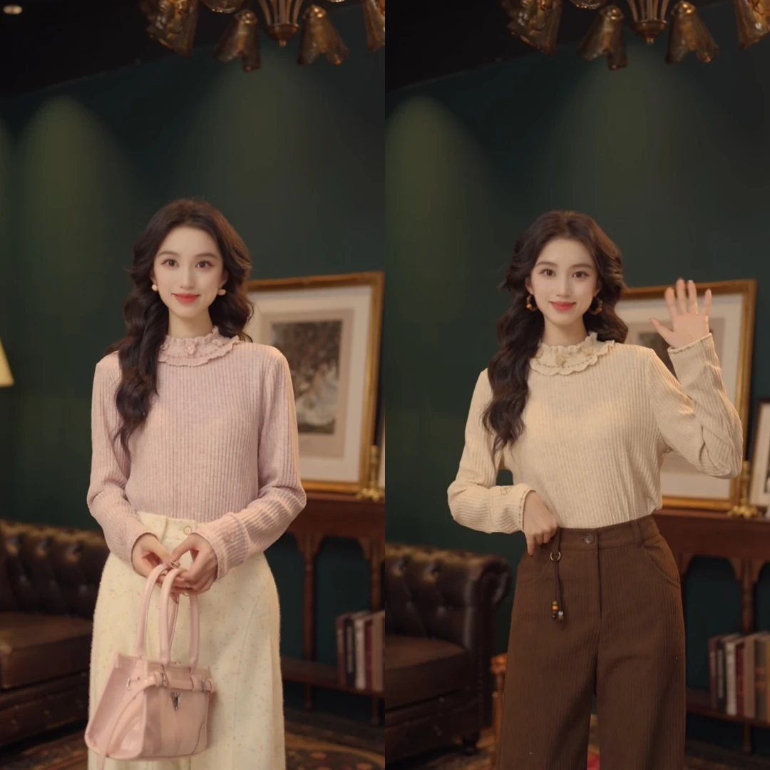 琦琦【粉色日记】港风复古长袖针织花朵宽松百搭上衣YF1103469